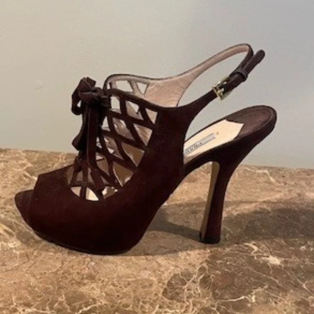 Prada Brown Suede PeepToe Slingback Heels – Sz 7.5